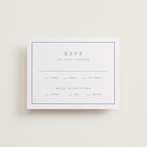 This is a robin's egg | pacific blue rsvp cards with letterpress by Stacey Meacham called hydrangea bloom printing on luxe white cotton in standard