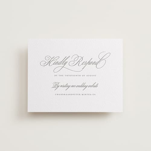 This is a graphite rsvp cards with letterpress by Wildfield Paper Co called calligraphie printing on white cotton in standard