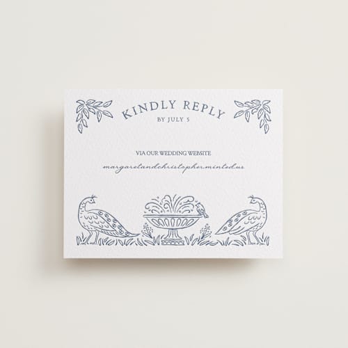 This is a blueberry rsvp cards with letterpress by Paper Sun Studio called whimsical woodland printing on white cotton in standard