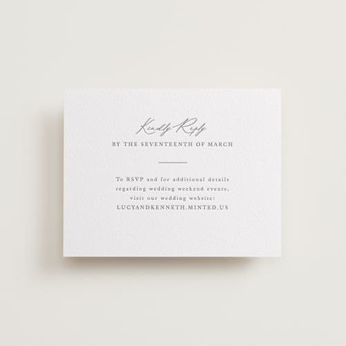 This is a graphite rsvp cards with letterpress by Sarah Brown called mountainview printing on white cotton in standard