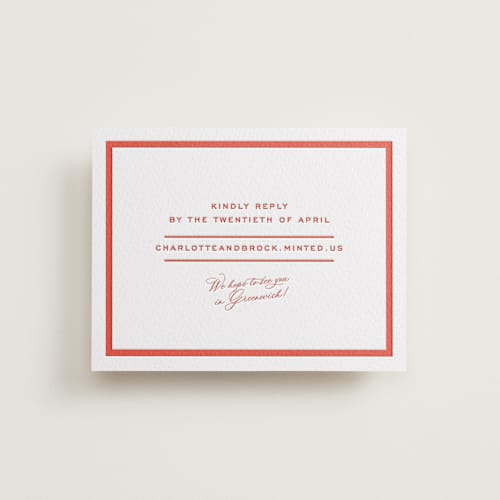 This is a verona sunset rsvp cards with letterpress by Megan Davis called racquet printing on white cotton in standard