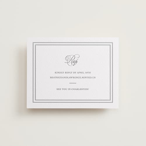 This is a graphite rsvp cards with letterpress by Megan Davis called bradford printing on white cotton in standard