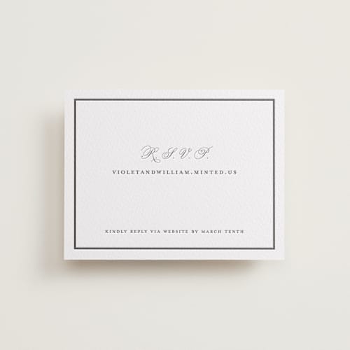 This is a soft black rsvp cards with letterpress by mo kelley called the day printing on white cotton in standard