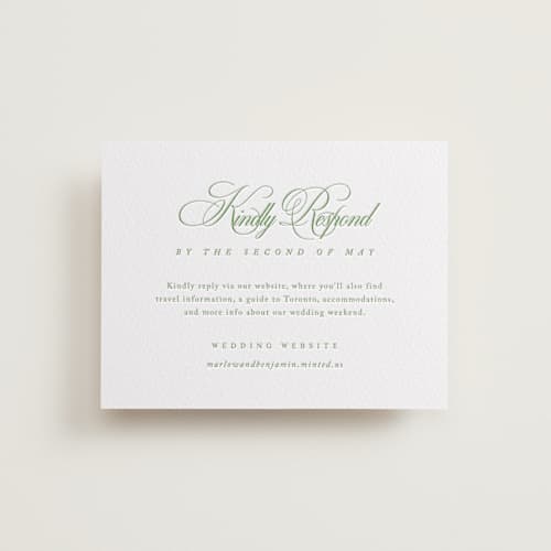 This is a evergreen rsvp cards with letterpress by Kelly Schmidt called chic script printing on white cotton in standard