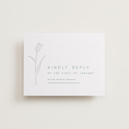 This is a evergreen rsvp cards with letterpress by Amy Kross called perennial printing on white cotton in standard
