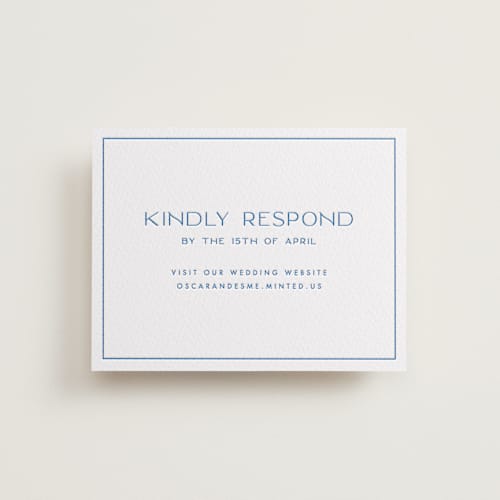 This is a marine blue rsvp cards with letterpress by Ellen Schlegelmilch called brooklyn printing on white cotton in standard