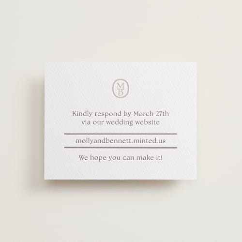This is a cacao bean rsvp cards with letterpress by Megan Davis called perriand printing on white cotton in standard