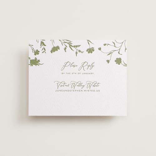 This is a olive rsvp cards with letterpress by Erin Hodges called untied printing on white cotton in standard