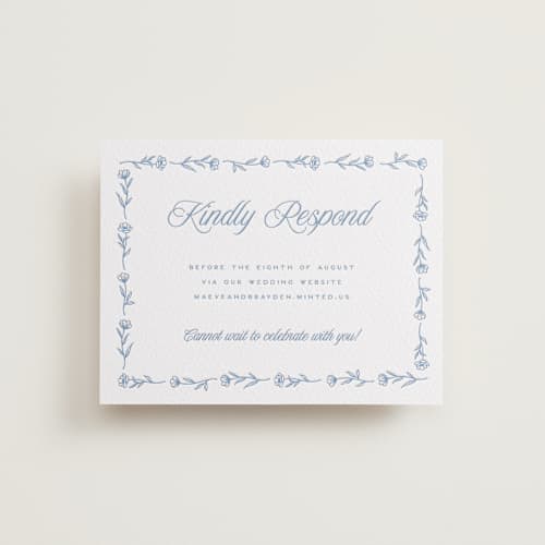 This is a pacific blue rsvp cards with letterpress by Hooray Creative called blue crest printing on white cotton in standard
