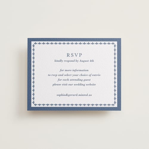 This is a blueberry rsvp cards with letterpress by Oma N. Ramkhelawan called pressed motif printing on white cotton in standard