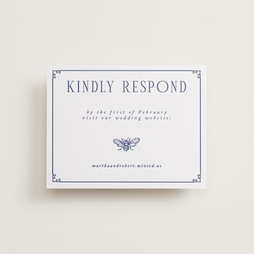 This is a lapis rsvp cards with letterpress by Sherley Ferreira called botanical dream printing on white cotton in standard