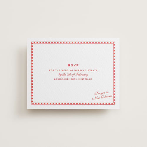 This is a ruby rsvp cards with letterpress by Megan Davis called larkin printing on white cotton in standard