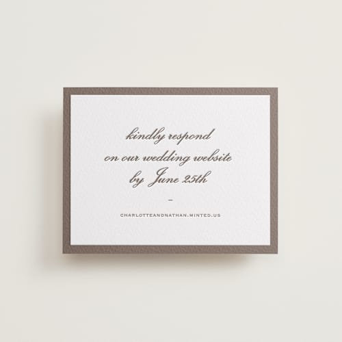 This is a cacao bean rsvp cards with letterpress by Sara Hicks Malone called grammercy printing on white cotton in standard