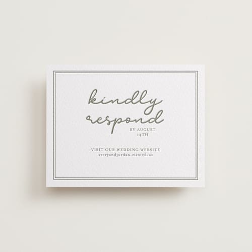 This is a artichoke rsvp cards with letterpress by Brittney Jensen called the verdure suite printing on white cotton in standard