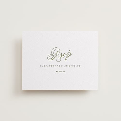 This is a olive rsvp cards with letterpress by Ani Somi called love in the afternoon printing on white cotton in standard