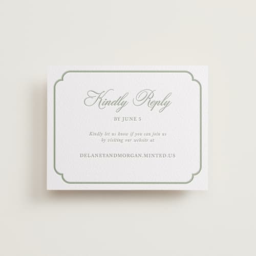 This is a olive rsvp cards with letterpress by Cass Loh called classic bold border printing on white cotton in standard