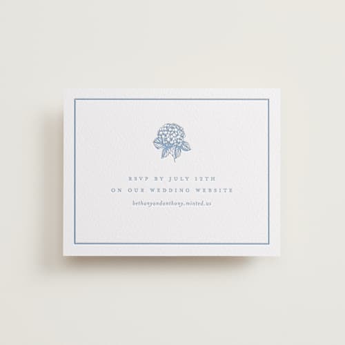 This is a robin's egg rsvp cards with letterpress by Stacey Meacham called hydrangea bloom printing on white cotton in standard