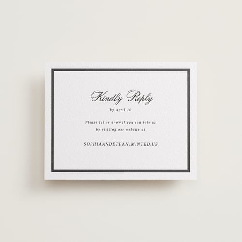 This is a soft black rsvp cards with letterpress by Cass Loh called chic union printing on white cotton in standard