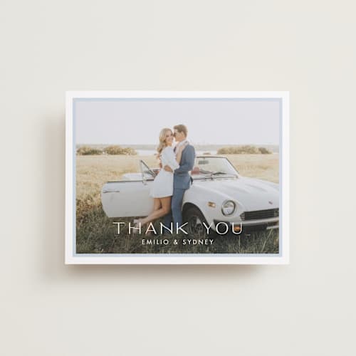 This is a sky wedding thank you cards with standard by Ellen Schlegelmilch called palmetto printing on recycled smooth signature in standard