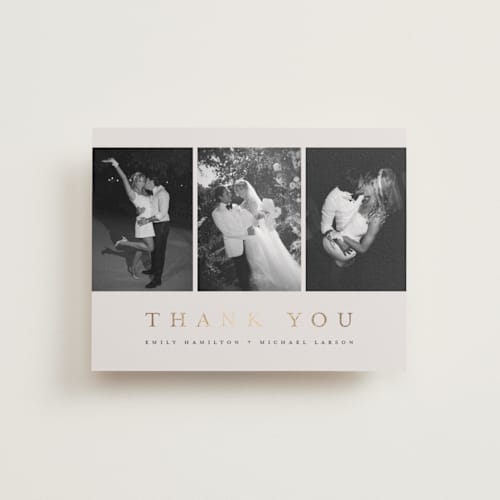 This is a sand wedding thank you cards with foil pressed by Nicole Walsh called elegant trio printing on recycled smooth signature in standard