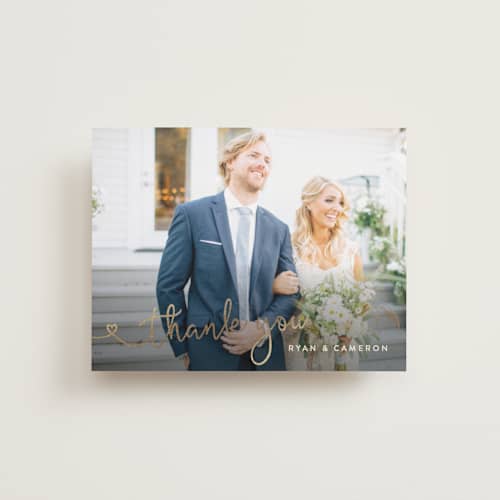 This is a dark walnut wedding thank you cards with foil pressed by Hooray Creative called autumn florals printing on recycled smooth signature in standard