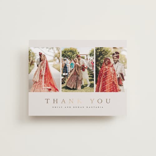 This is a sand wedding thank you cards with foil pressed by Nicole Walsh called elegant trio printing on recycled smooth signature in standard