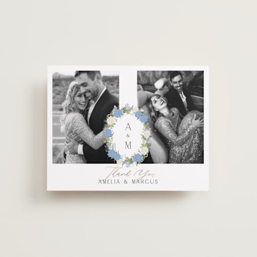 This is a coastal wedding thank you cards with foil pressed by Susan Moyal called garden whisper printing on recycled smooth signature in standard
