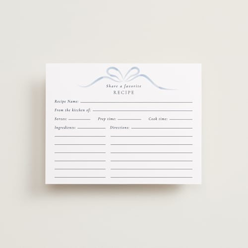 This is a dusty blue bridal shower insert cards with standard by Corinne Malesic called bow printing on signature in standard