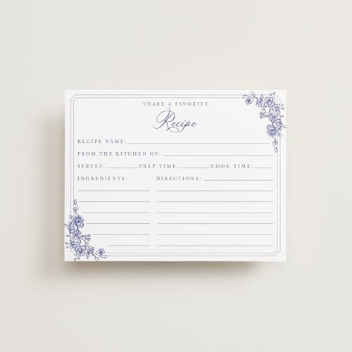 This is a dusty blue bridal shower insert cards with standard by Cass Loh called watercolor flowers crest printing on signature in standard