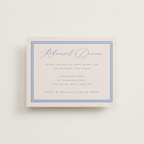 This is a periwinkle reception cards with standard by Hooray Creative called twin border printing on signature in standard