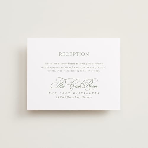 This is a garden reception cards with standard by Kelly Schmidt called chic script printing on signature in 4.25x5.5