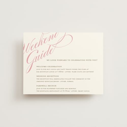 This is a petal pink reception cards with standard by Annie Clark called winter flourish printing on signature in standard