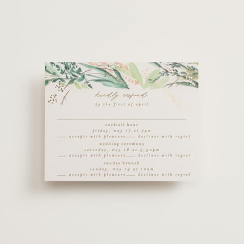 This is a greenery rsvp cards with foil pressed by Phrosné Barwood called fresh tropical printing on signature in standard