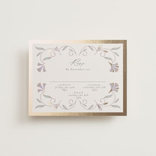 This is a vanilla rsvp cards with foil pressed by lori jacobs wemple called deco nouveau printing on signature in standard