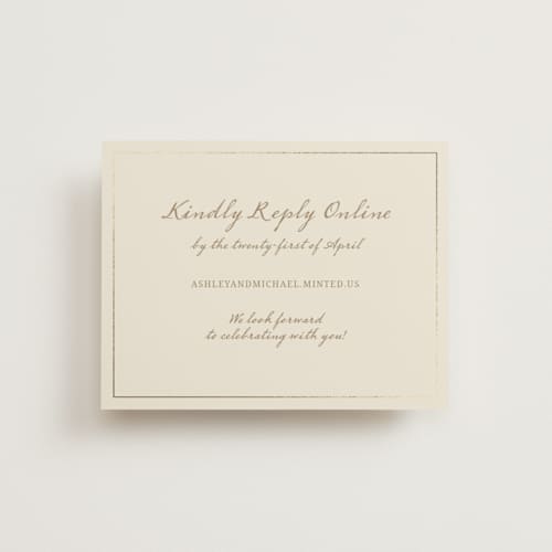 This is a ivory rsvp cards with foil pressed by Cass Loh called boho flower crest printing on signature in standard