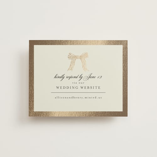 This is a champagne rsvp cards with foil pressed by Chris Griffith called all tied up printing on signature in standard