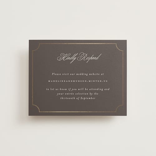 This is a cognac rsvp cards with foil pressed by Emily Betts called arch frame printing on signature in standard