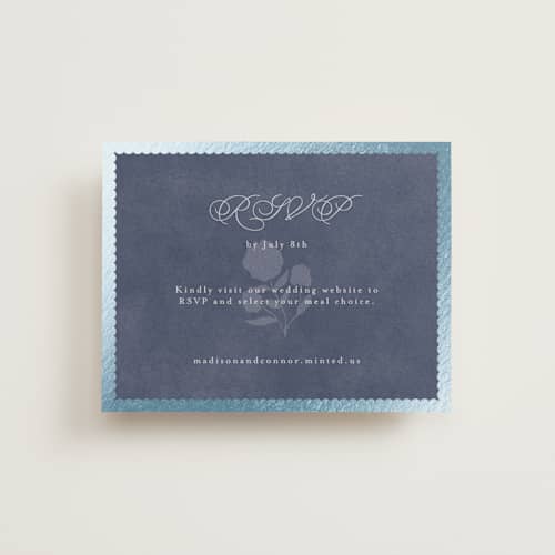This is a navy rsvp cards with foil pressed by Emily Betts called vintage oval printing on signature in standard