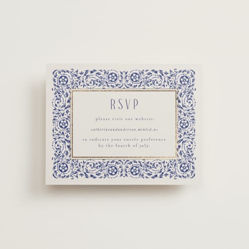 This is a dynasty blue rsvp cards with foil pressed by Ana de Sousa called tiled romance printing on signature in standard