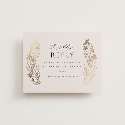 This is a champagne rsvp cards with foil pressed by Leah Bisch called floral border printing on signature in standard