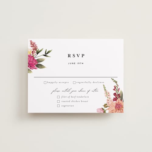 This is a magenta rsvp postcards with standard by Susan Moyal called lush printing on signature in postcard