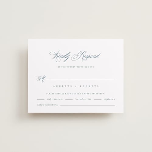 This is a dusty blue rsvp postcards with standard by Jennifer Postorino called empire printing on signature in postcard