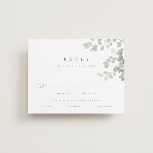 This is a eucalyptus rsvp postcards with standard by Kristie Kern called vining printing on signature in postcard