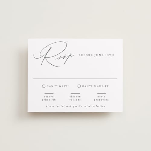 This is a pearl rsvp postcards with standard by Hooray Creative called scripted names printing on signature in postcard