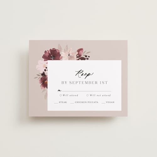 This is a burgundy rsvp postcards with standard by Itsy Belle Studio called emyn printing on signature in postcard
