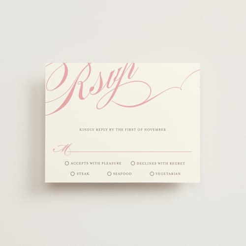 This is a petal pink rsvp postcards with standard by Annie Clark called winter flourish printing on signature in postcard