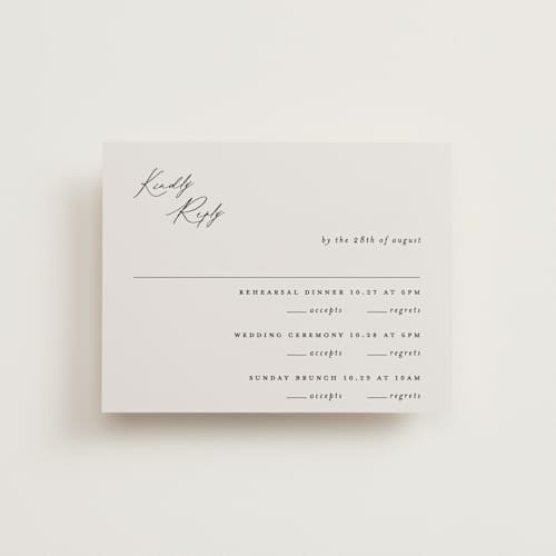This is a ivory rsvp cards with standard by Carolyn Nicks called kinkaid printing on signature in standard