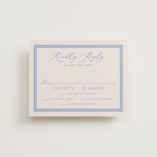 This is a periwinkle rsvp cards with standard by Hooray Creative called twin border printing on signature in standard