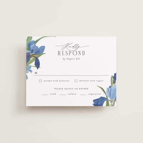 This is a natural rsvp cards with standard by Everett Paper Goods called irises printing on signature in standard
