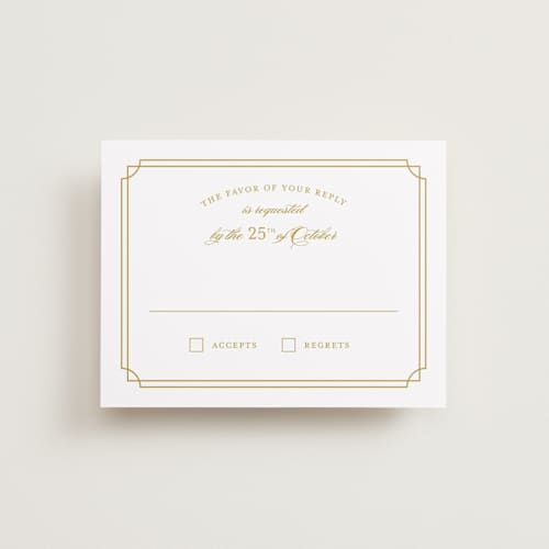 This is a gold rsvp cards with standard by Sarah Brown called luxe border printing on signature in standard